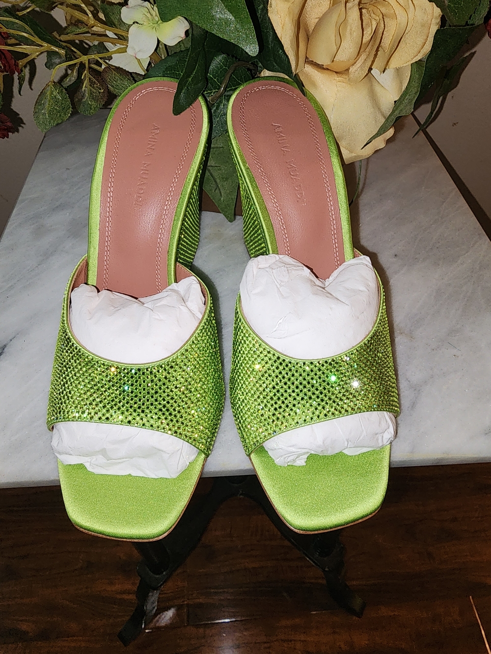 Amina Muaddi Lime Green Crystal-Embellished Satin Mules